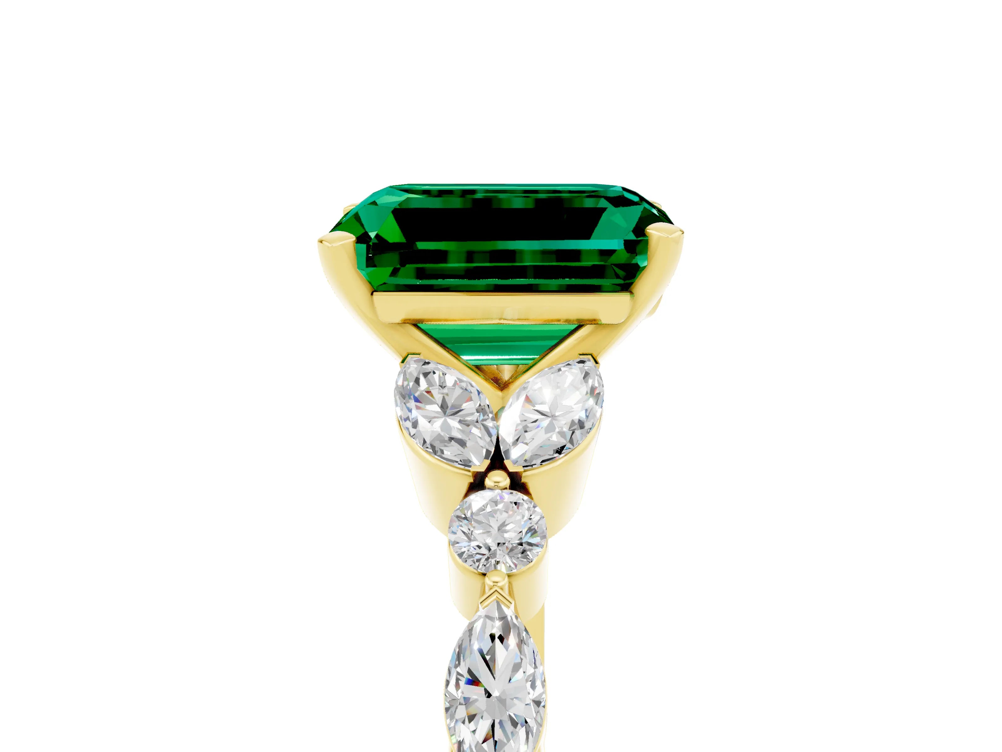 Yellow gold Emerald Cut Emerald Solitaire Ring with Side Stones and Four-Prong Setting_17