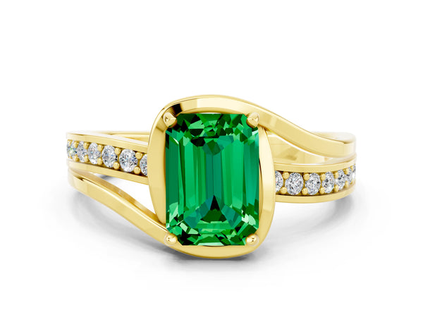 Yellow gold Emerald Cut Emerald Solitaire Ring with Split Shank and Prong Setting