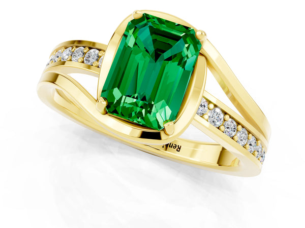 Yellow gold Emerald Cut Emerald Solitaire Ring with Split Shank and Prong Setting