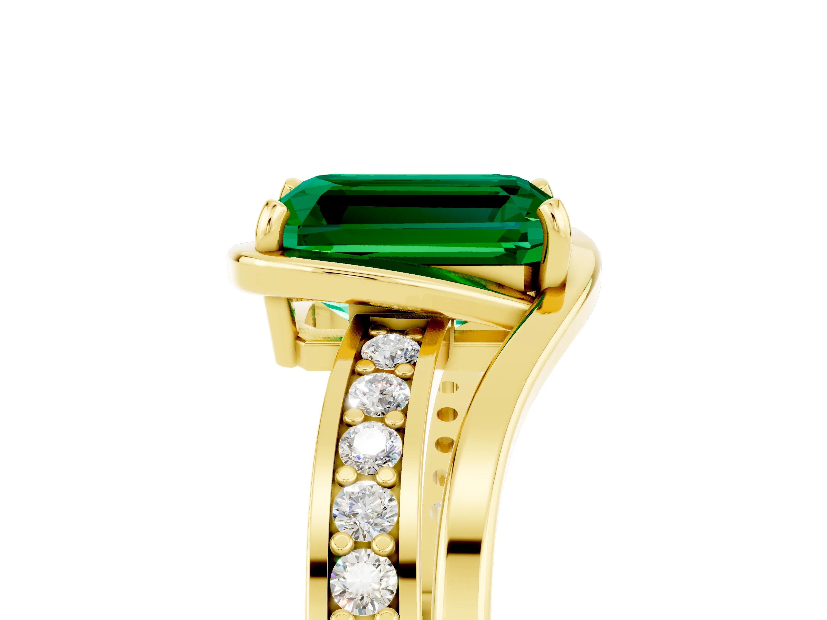 Yellow gold Emerald Cut Emerald Solitaire Ring with Split Shank and Prong Setting_5