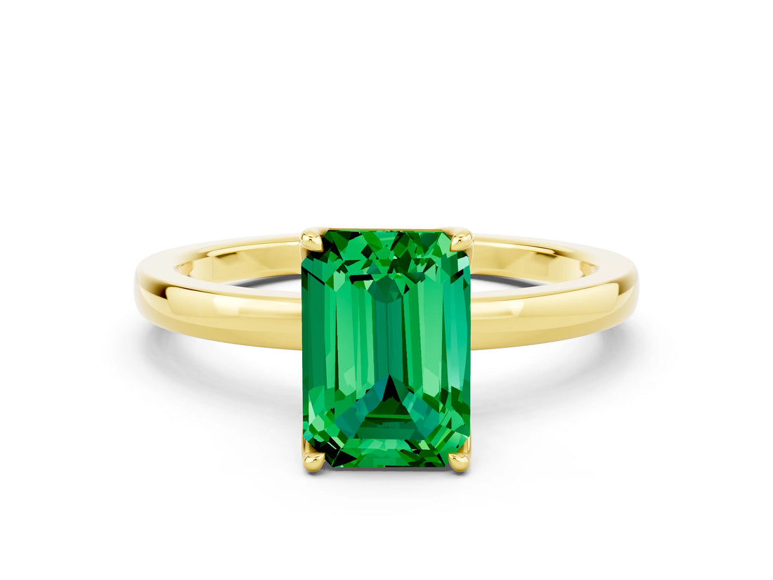 Yellow gold Emerald Cut Emerald Solitaire Ring with Thin Band and Prong Setting_12
