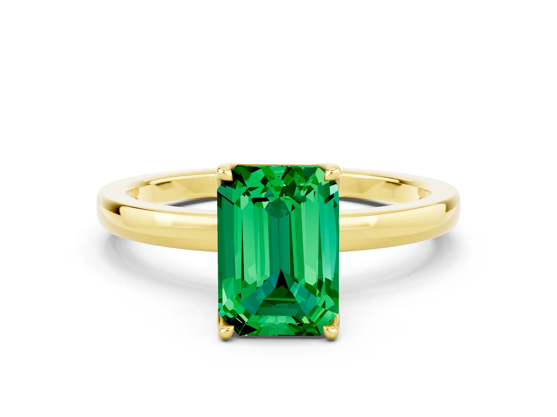 Yellow gold Emerald Cut Emerald Solitaire Ring with Thin Band and Prong Setting_24