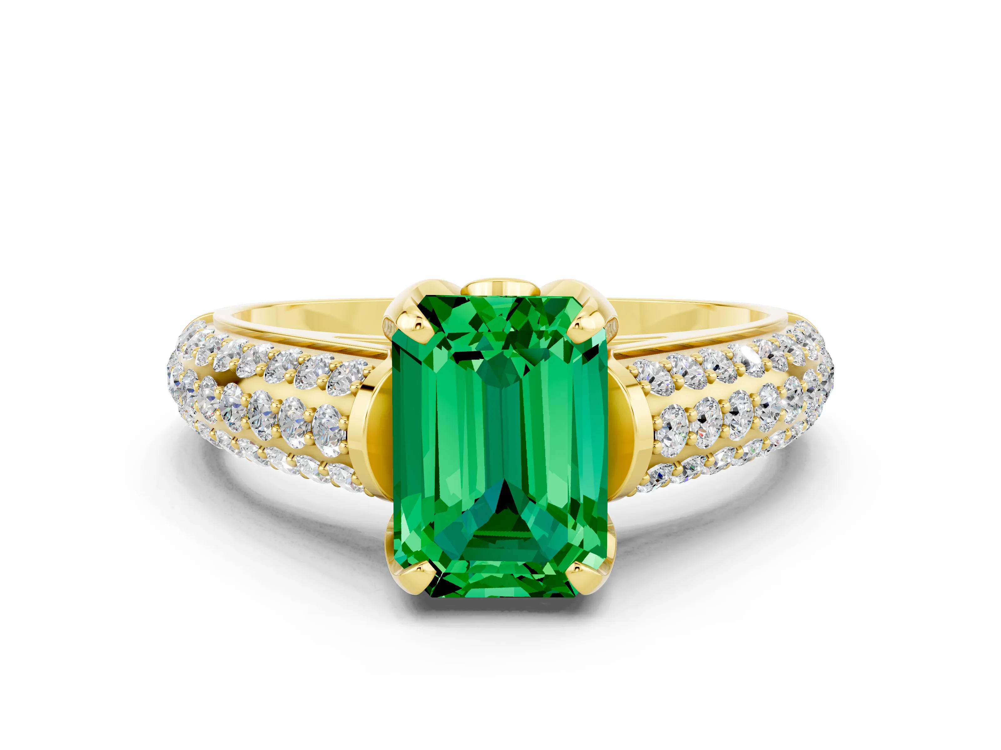 Yellow gold Emerald Cut Emerald Solitaire Ring with Three-Row Pavé Band and Four-Prong Setting_12