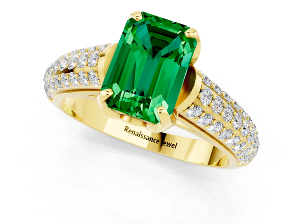 Yellow gold Emerald Cut Emerald Solitaire Ring with Three-Row Pavé Band and Four-Prong Setting
