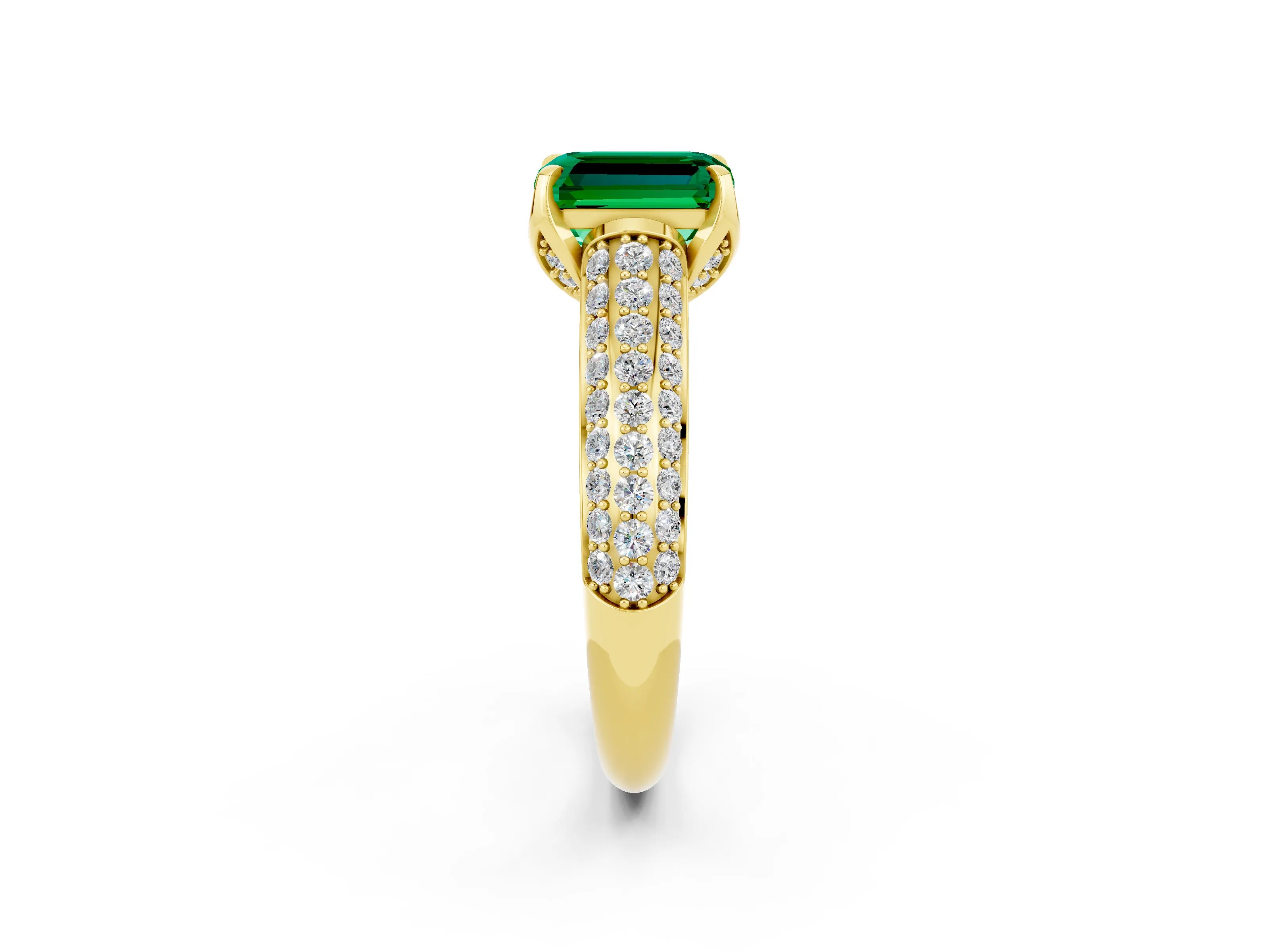 Yellow gold Emerald Cut Emerald Solitaire Ring with Three-Row Pavé Band and Four-Prong Setting_14