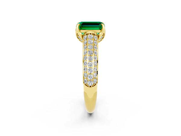 Yellow gold Emerald Cut Emerald Solitaire Ring with Three-Row Pavé Band and Four-Prong Setting