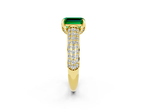 Yellow gold Emerald Cut Emerald Solitaire Ring with Three-Row Pavé Band and Four-Prong Setting_14
