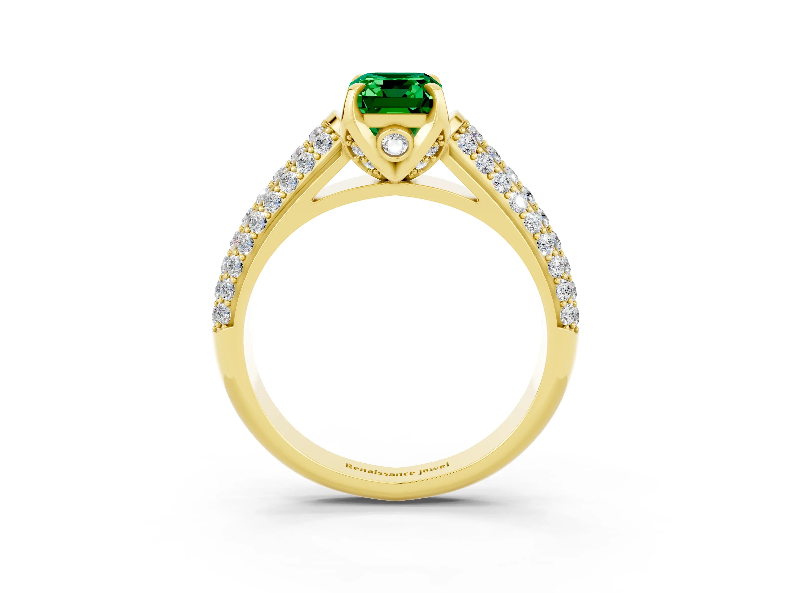 Yellow gold Emerald Cut Emerald Solitaire Ring with Three-Row Pavé Band and Four-Prong Setting_15