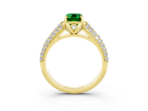 Yellow gold Emerald Cut Emerald Solitaire Ring with Three-Row Pavé Band and Four-Prong Setting