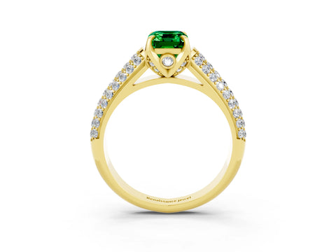 Yellow gold Emerald Cut Emerald Solitaire Ring with Three-Row Pavé Band and Four-Prong Setting_15