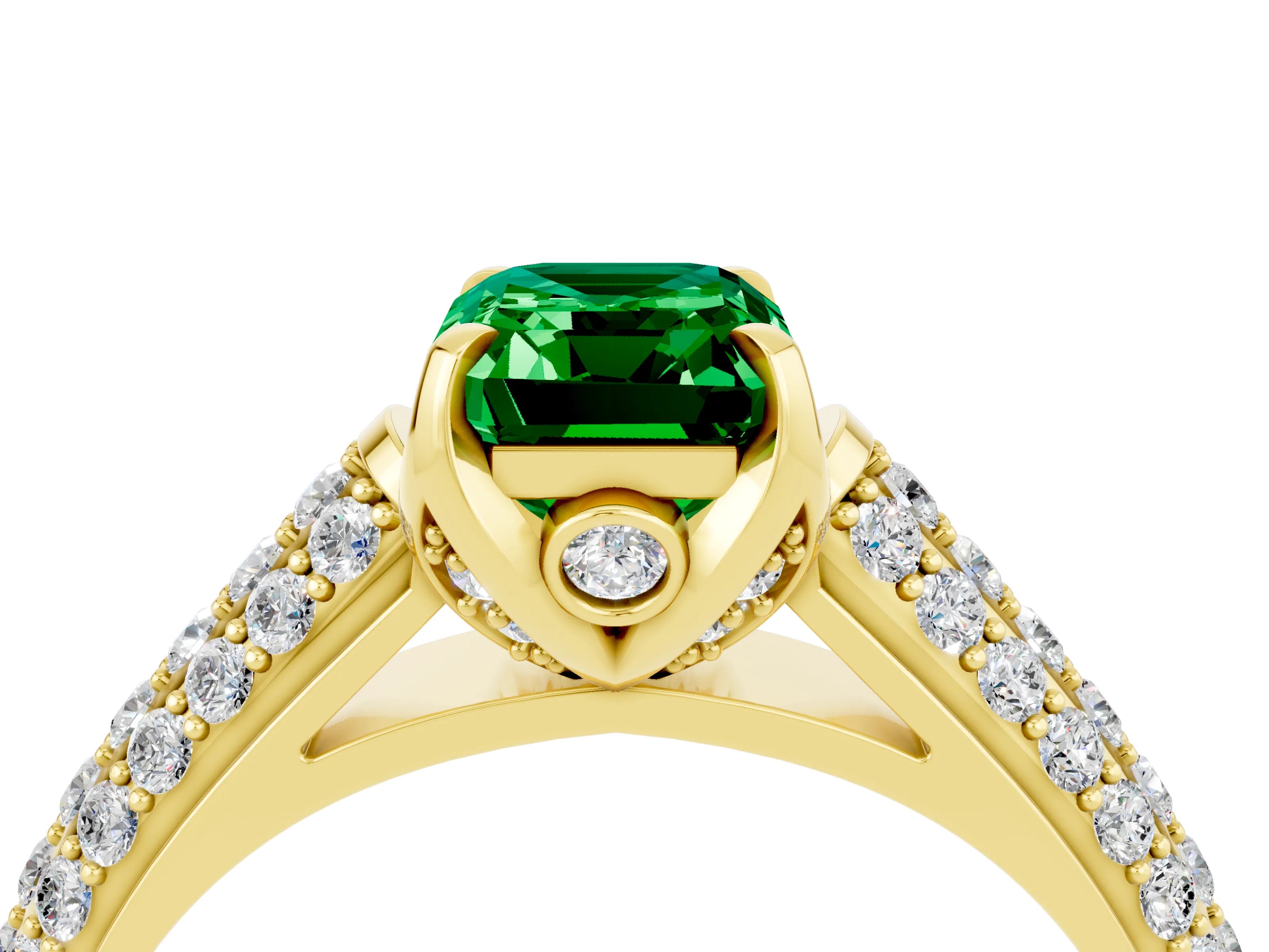 Yellow gold Emerald Cut Emerald Solitaire Ring with Three-Row Pavé Band and Four-Prong Setting_16