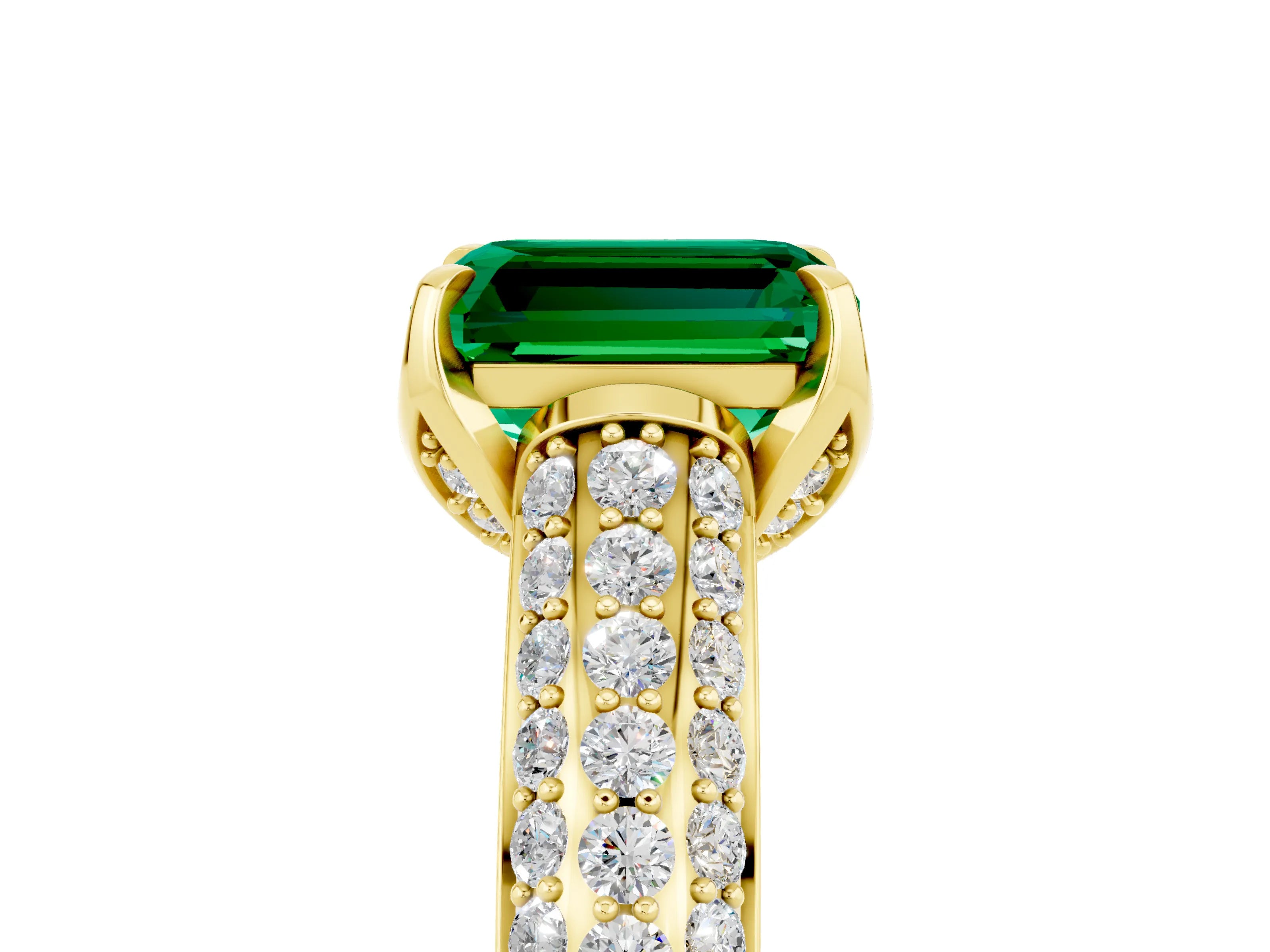 Yellow gold Emerald Cut Emerald Solitaire Ring with Three-Row Pavé Band and Four-Prong Setting_17