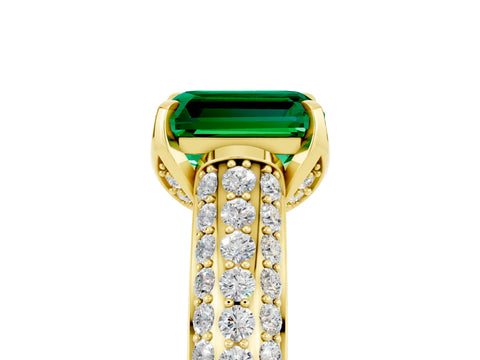 Yellow gold Emerald Cut Emerald Solitaire Ring with Three-Row Pavé Band and Four-Prong Setting_17