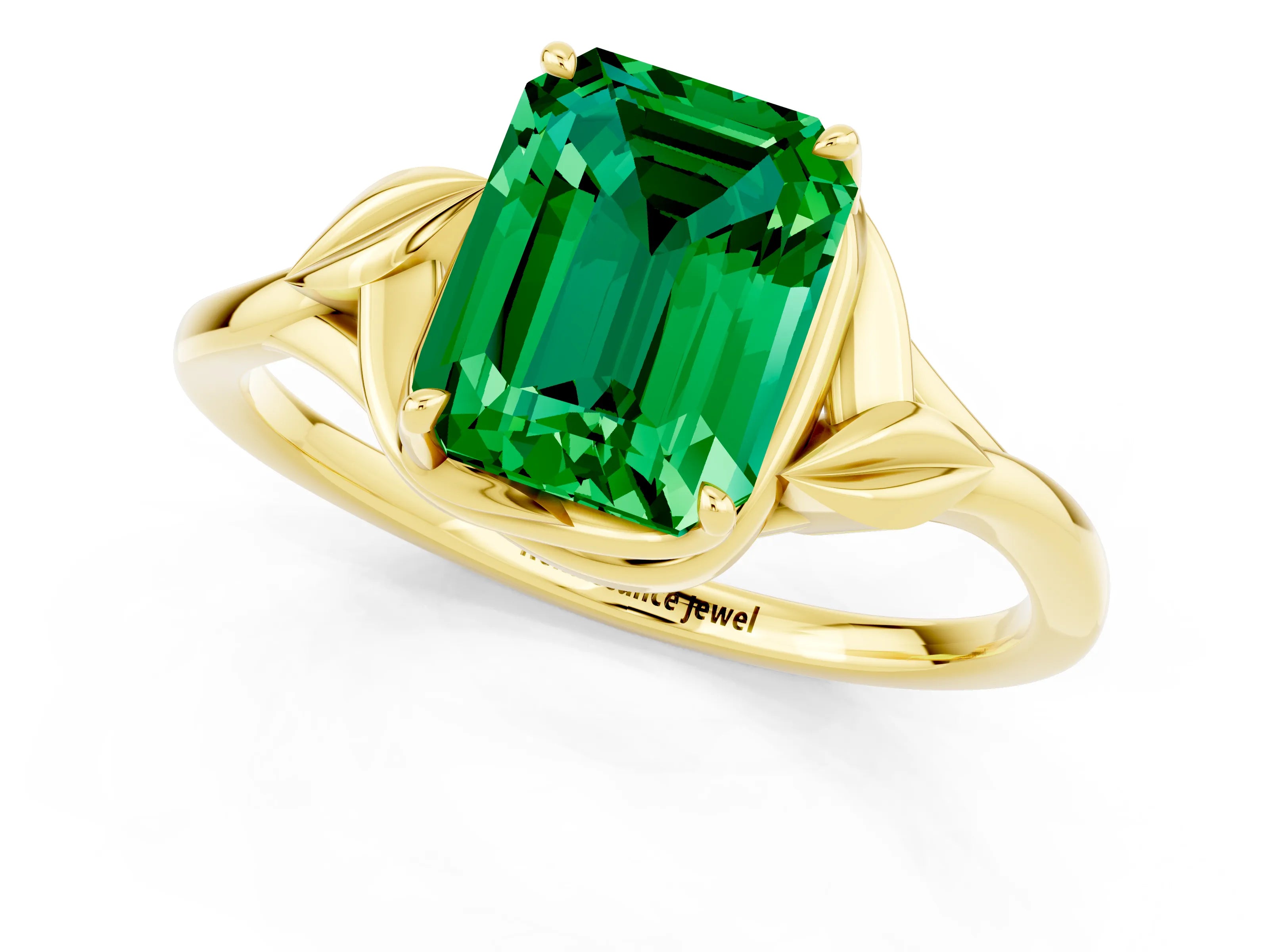 Yellow gold Emerald Cut Emerald Solitaire Ring with Twist Band and Four-Prong Setting_25