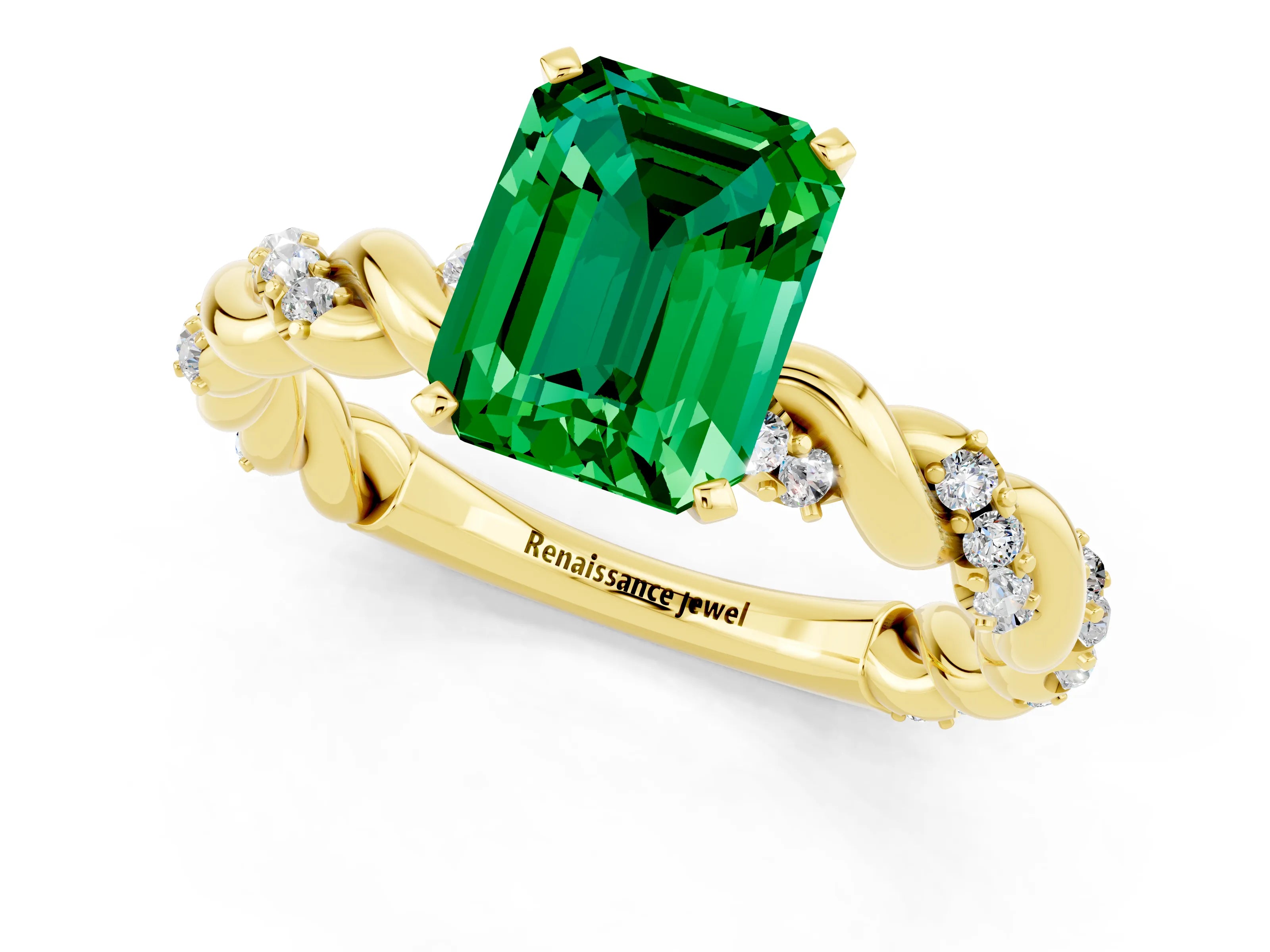 Yellow gold Emerald Cut Emerald Solitaire Ring with Twisted Band and Pavé Accents_1