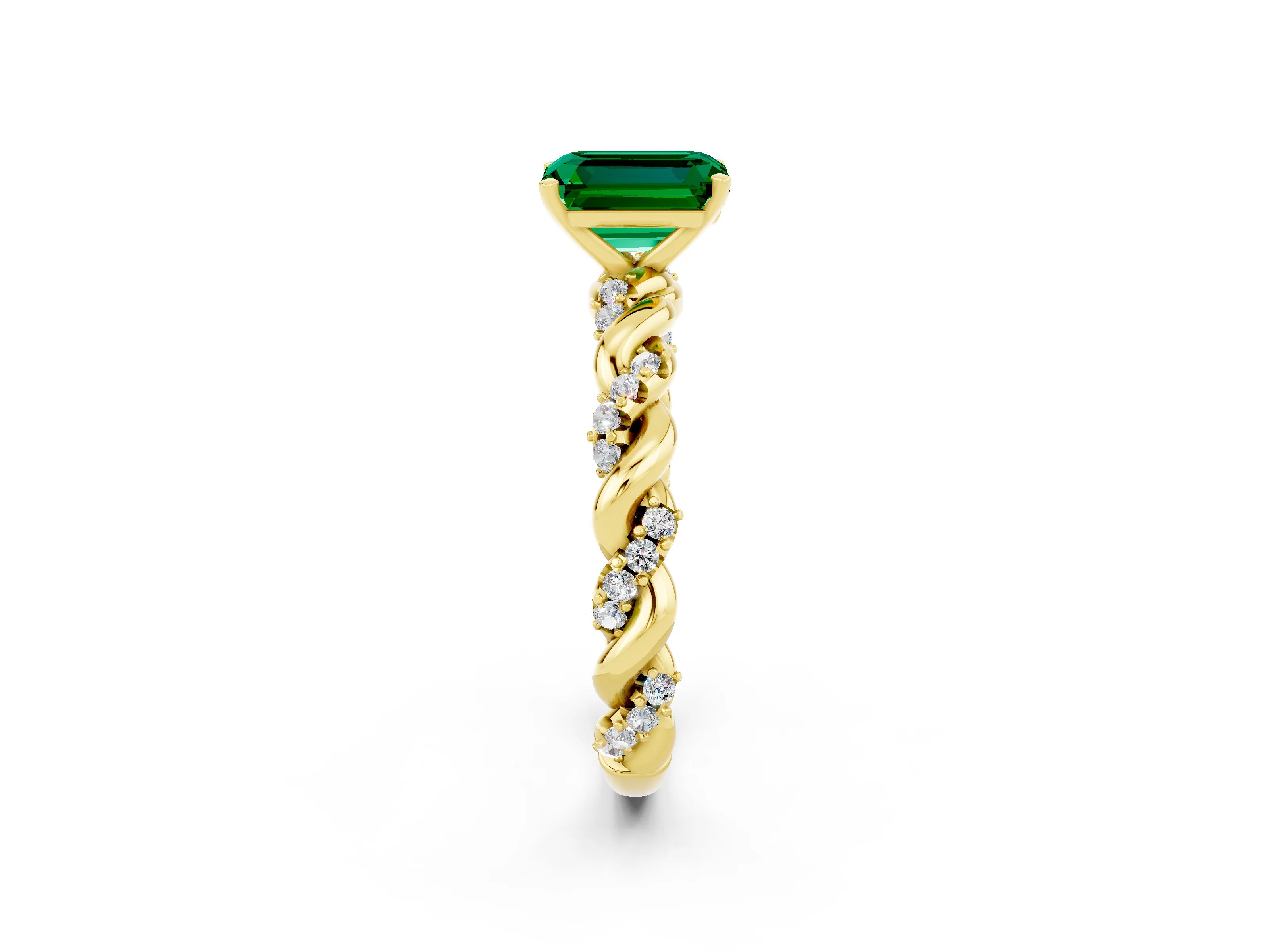 Yellow gold Emerald Cut Emerald Solitaire Ring with Twisted Band and Pavé Accents_2