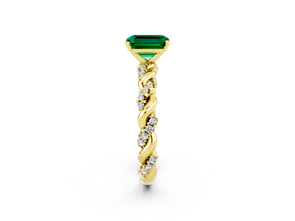 Yellow gold Emerald Cut Emerald Solitaire Ring with Twisted Band and Pavé Accents