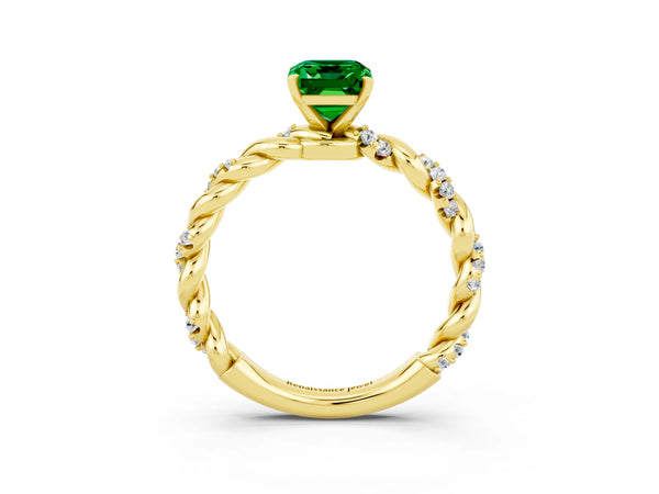 Yellow gold Emerald Cut Emerald Solitaire Ring with Twisted Band and Pavé Accents
