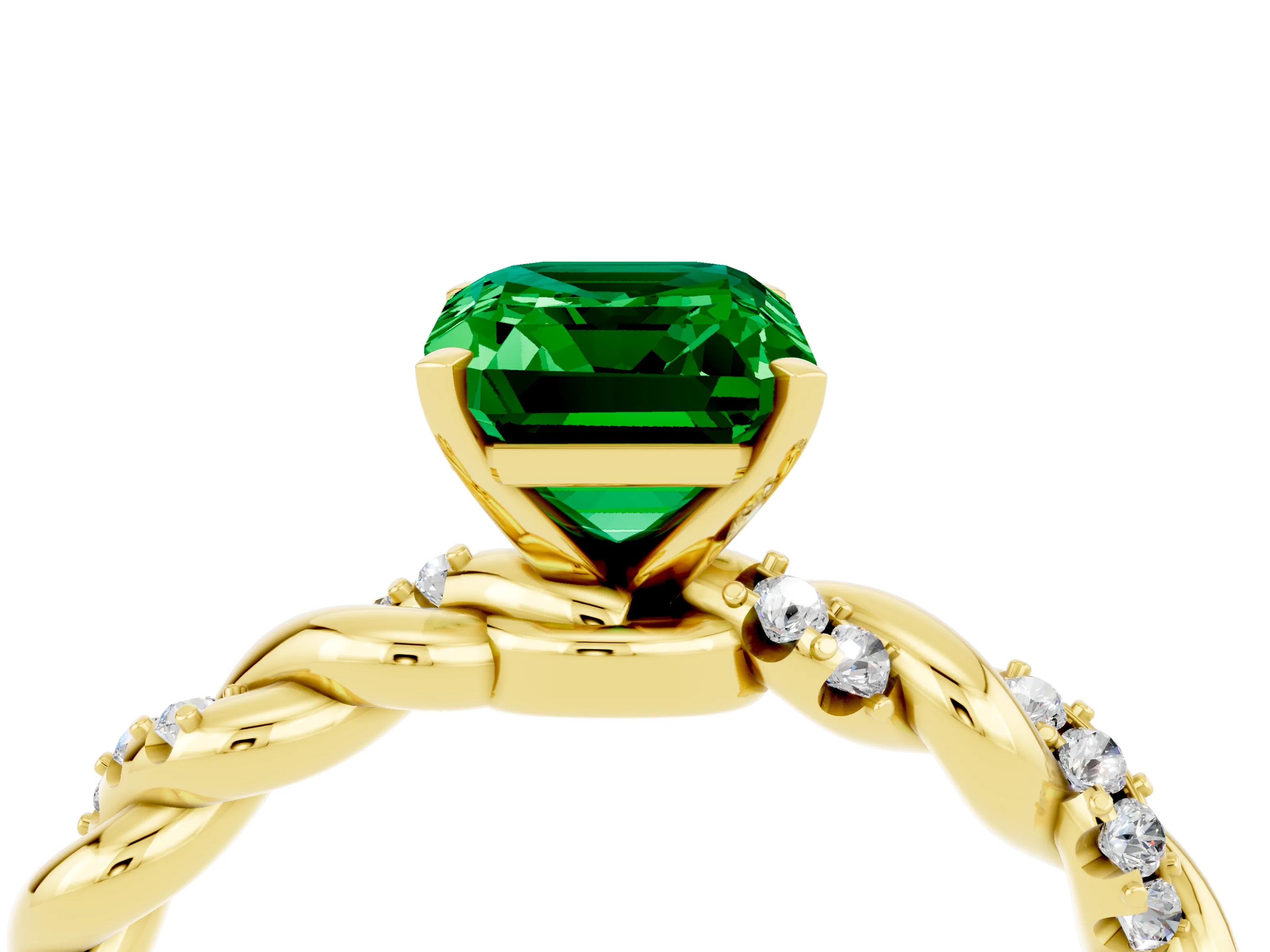 Yellow gold Emerald Cut Emerald Solitaire Ring with Twisted Band and Pavé Accents_4
