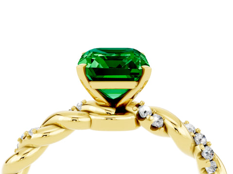 Yellow gold Emerald Cut Emerald Solitaire Ring with Twisted Band and Pavé Accents_4
