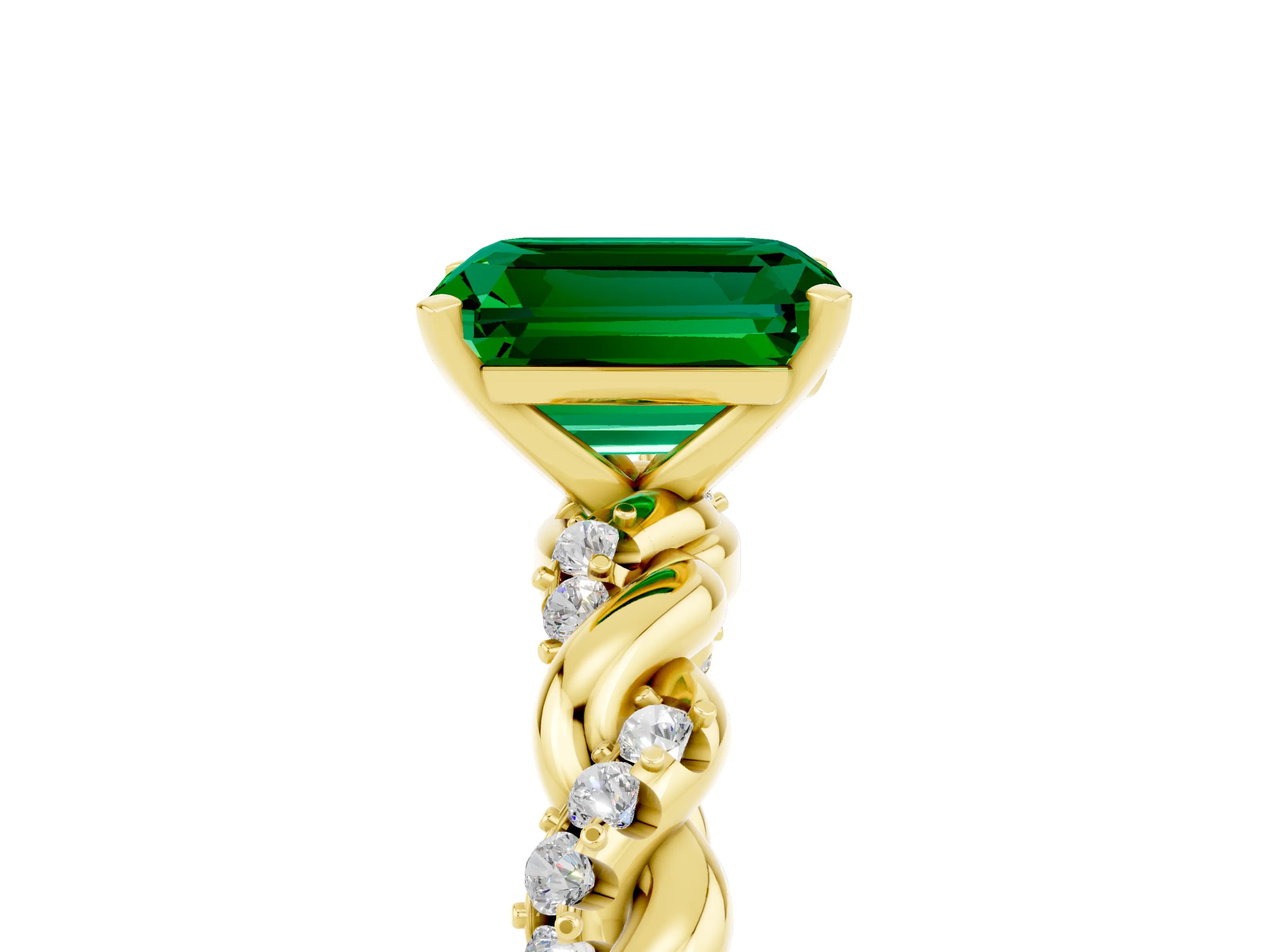 Yellow gold Emerald Cut Emerald Solitaire Ring with Twisted Band and Pavé Accents_5