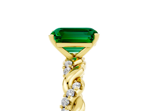 Yellow gold Emerald Cut Emerald Solitaire Ring with Twisted Band and Pavé Accents_5