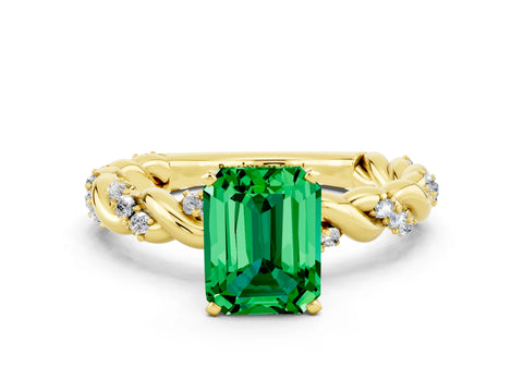 Yellow gold Emerald Cut Emerald Solitaire Ring with Twisted Band and Pavé Accents