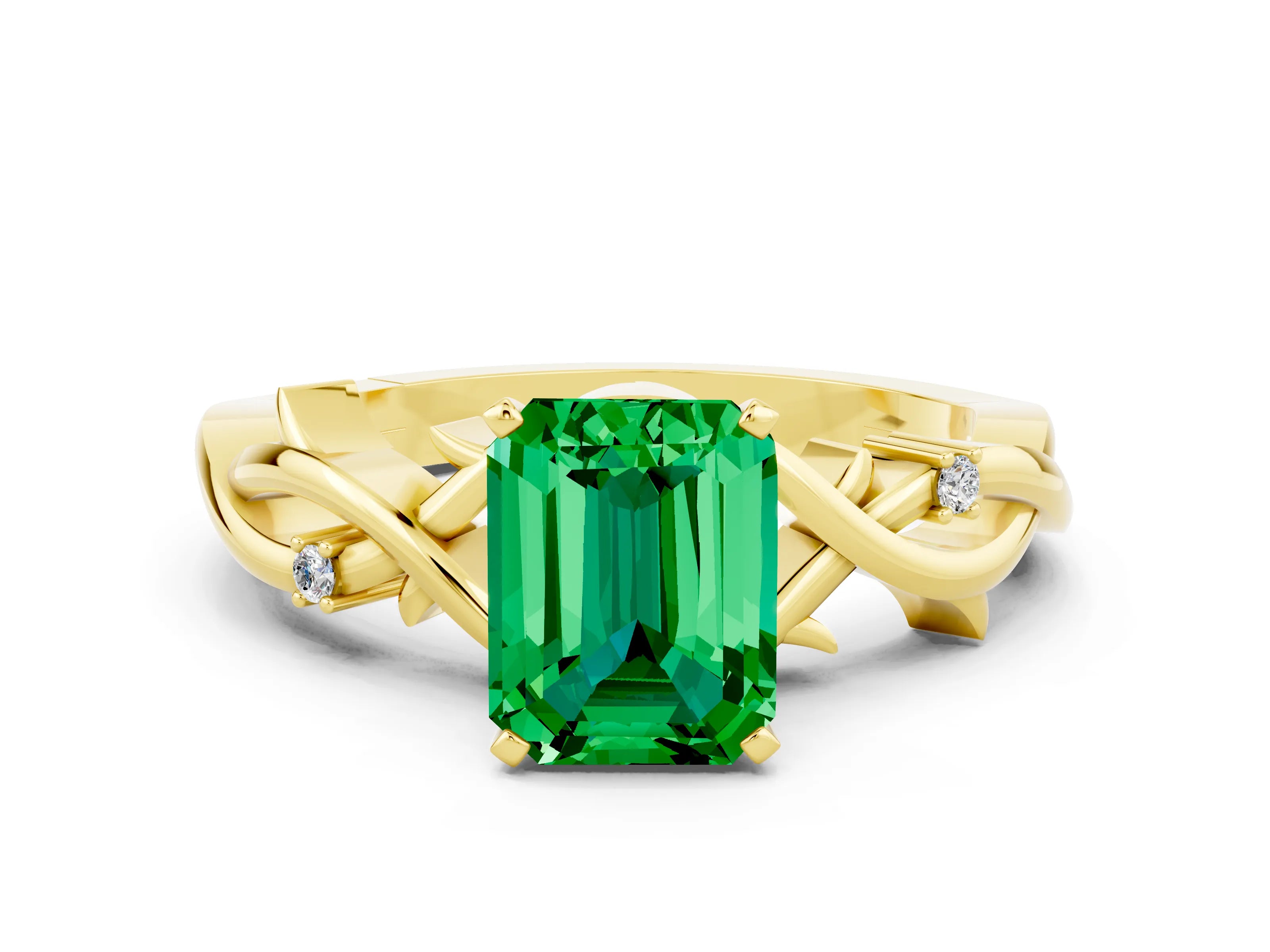 Yellow gold Emerald Cut Emerald Solitaire Ring with Twisted Band and Prong Setting