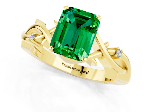 Yellow gold Emerald Cut Emerald Solitaire Ring with Twisted Band and Prong Setting
