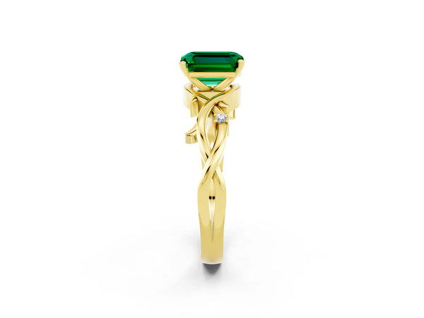 Yellow gold Emerald Cut Emerald Solitaire Ring with Twisted Band and Prong Setting