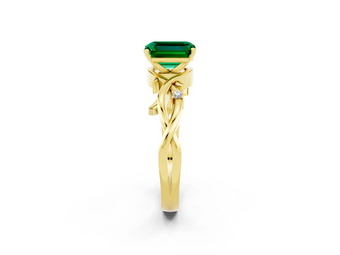 Yellow gold Emerald Cut Emerald Solitaire Ring with Twisted Band and Prong Setting_2