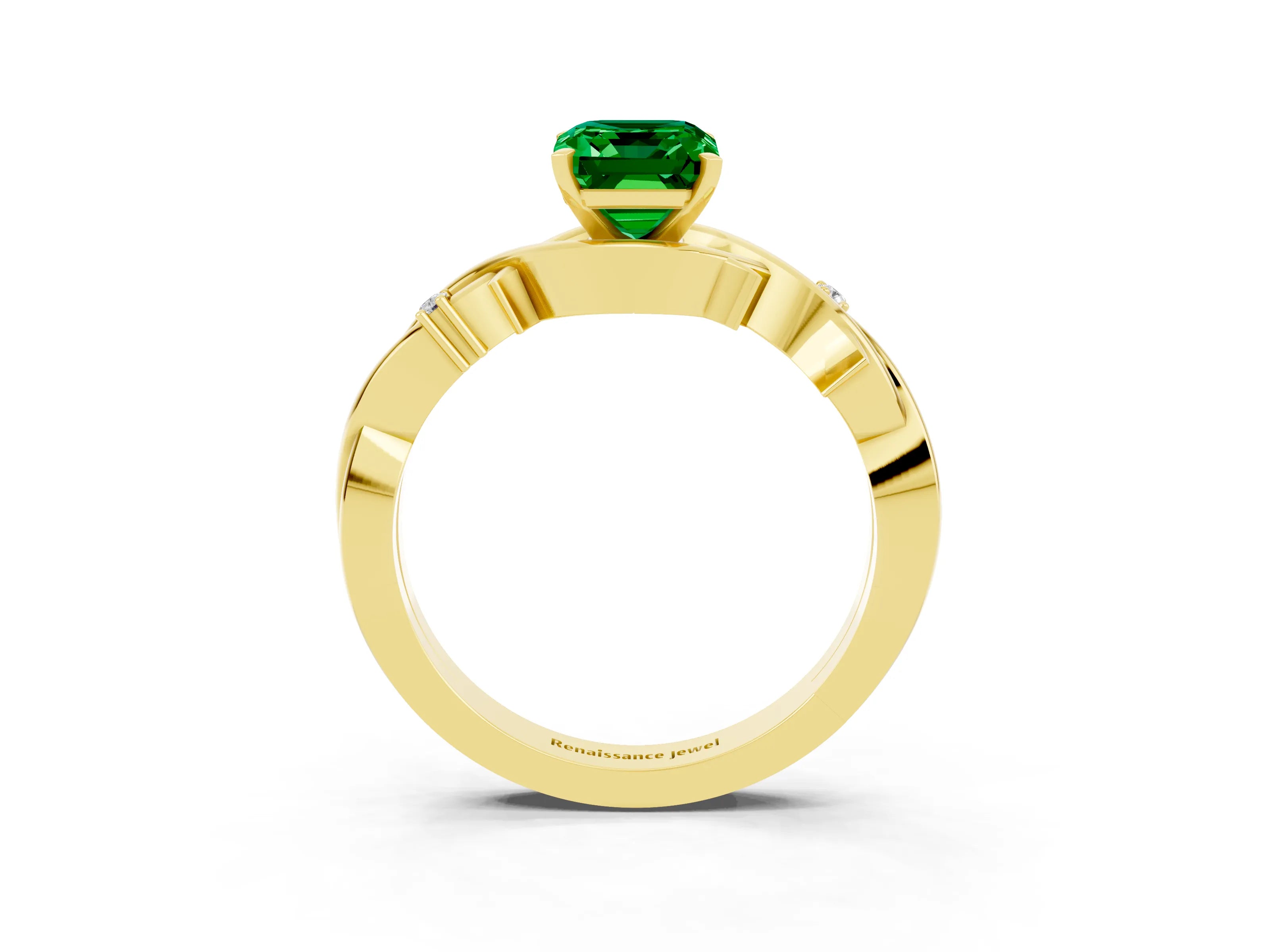 Yellow gold Emerald Cut Emerald Solitaire Ring with Twisted Band and Prong Setting_3