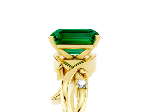 Yellow gold Emerald Cut Emerald Solitaire Ring with Twisted Band and Prong Setting_5