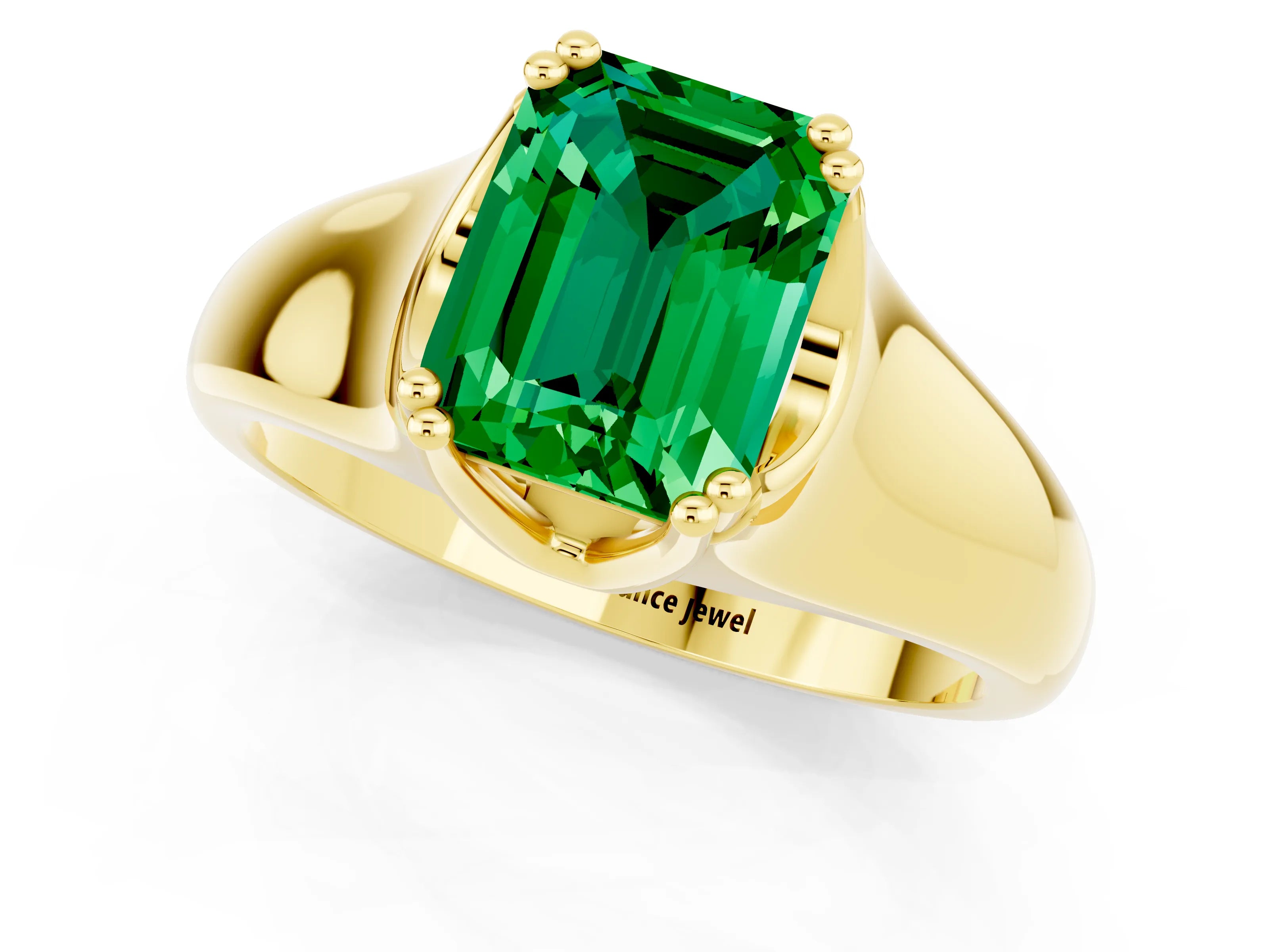 Yellow gold Emerald Cut Emerald Solitaire Ring with Wide Band and Prong Setting_1