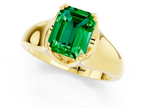 Yellow gold Emerald Cut Emerald Solitaire Ring with Wide Band and Prong Setting_1