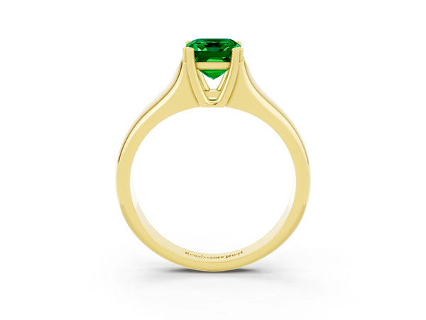 Yellow gold Emerald Cut Emerald Solitaire Ring with Wide Band and Prong Setting