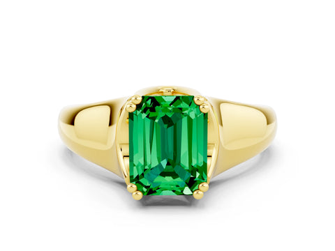Yellow gold Emerald Cut Emerald Solitaire Ring with Wide Band and Prong Setting