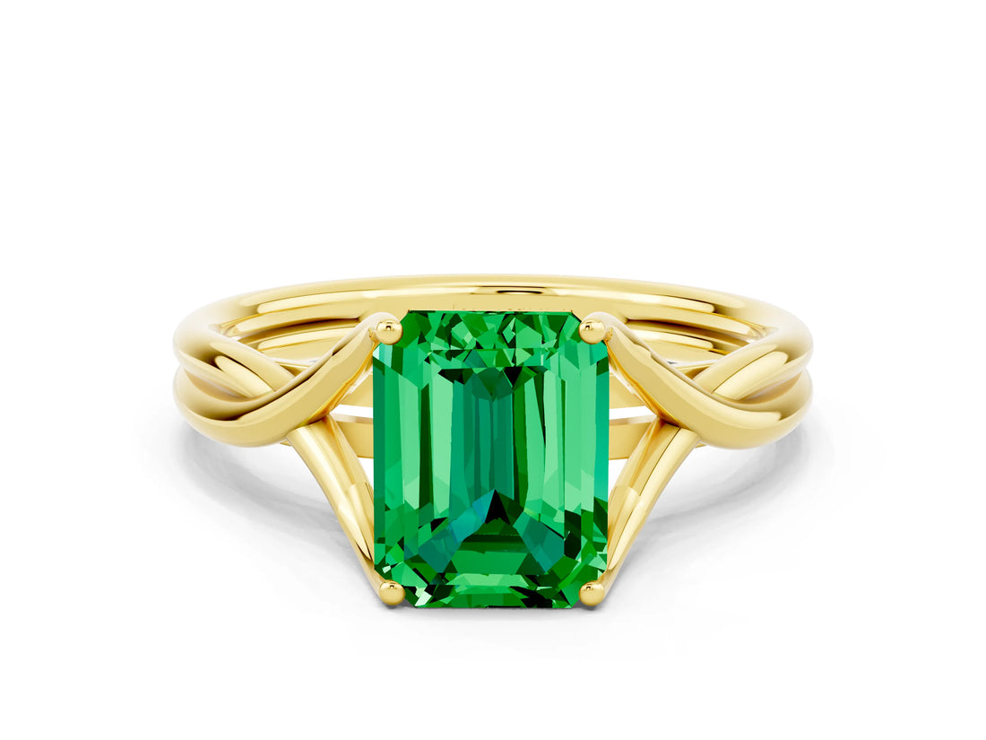 Yellow gold Emerald Cut Emerald Solitaire Twist Band Prong Setting Ring_12