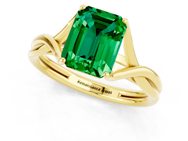 Yellow gold Emerald Cut Emerald Solitaire Twist Band Prong Setting Ring