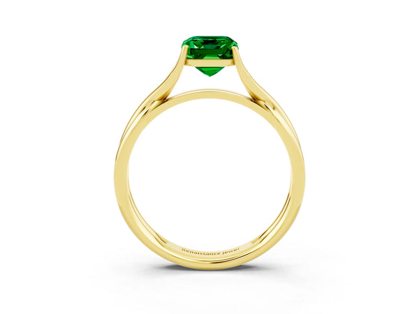 Yellow gold Emerald Cut Emerald Solitaire Twist Band Prong Setting Ring