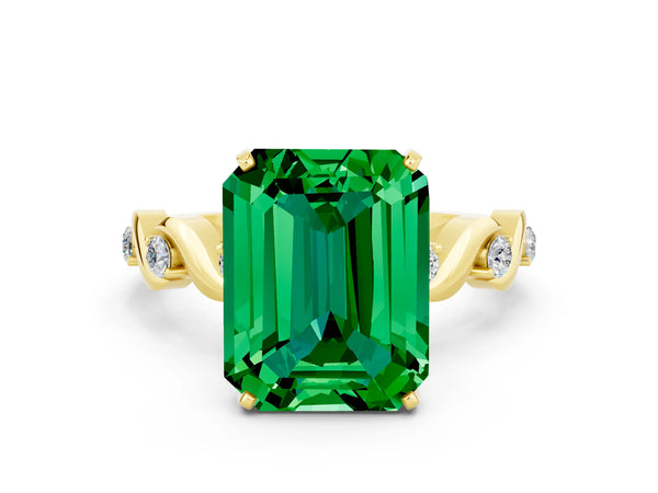 Yellow gold Emerald Cut Emerald Solitaire Twisted Band with Round  Accents and Prong Setting