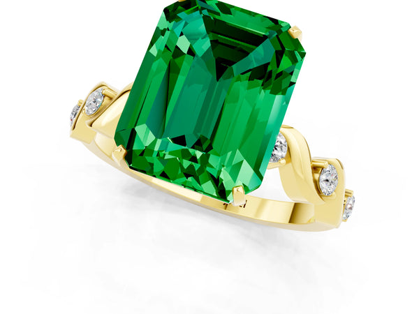 Yellow gold Emerald Cut Emerald Solitaire Twisted Band with Round  Accents and Prong Setting