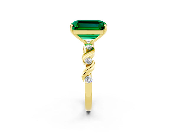 Yellow gold Emerald Cut Emerald Solitaire Twisted Band with Round  Accents and Prong Setting