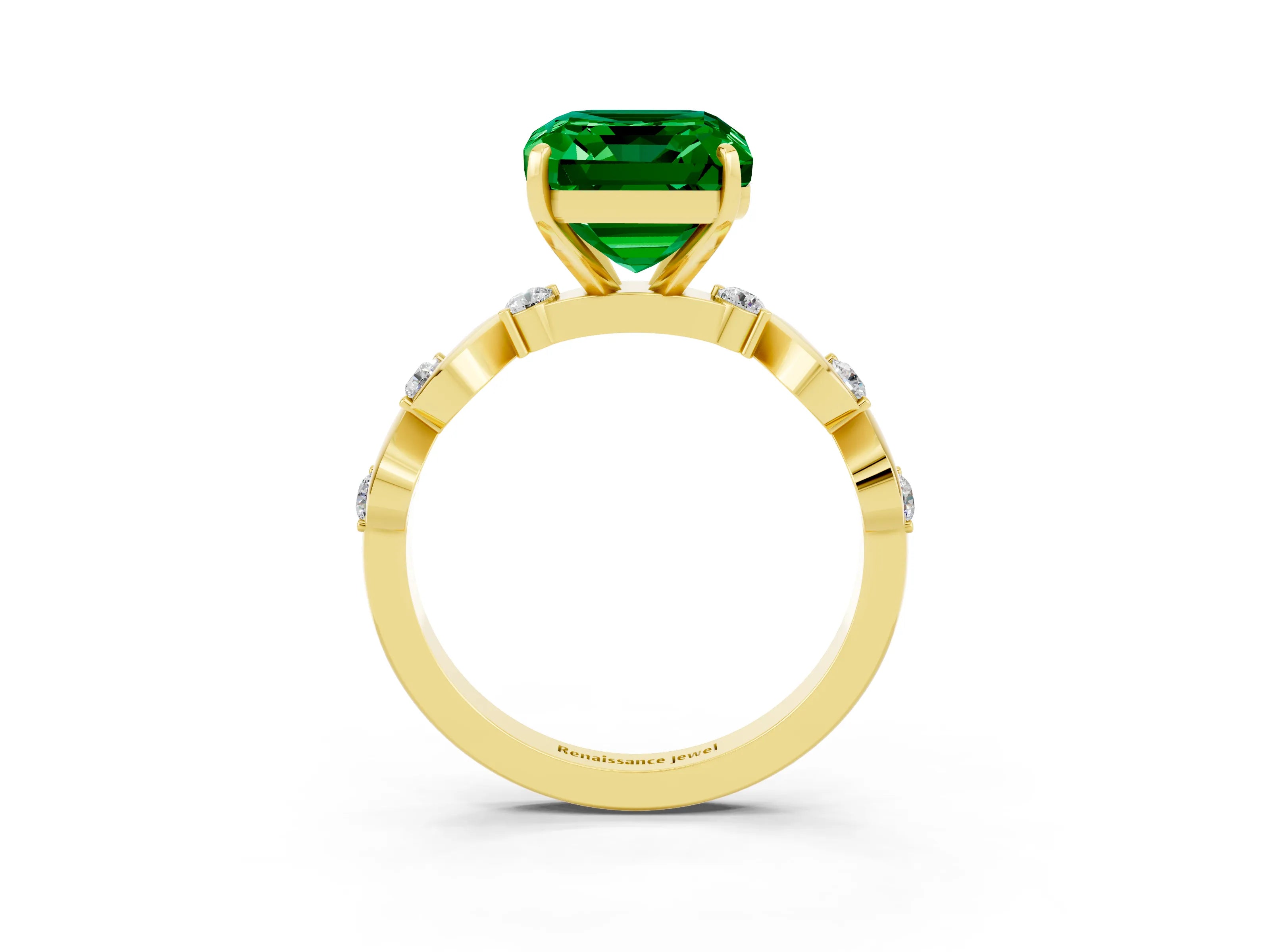 Yellow gold Emerald Cut Emerald Solitaire Twisted Band with Round  Accents and Prong Setting_15