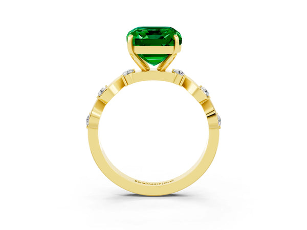 Yellow gold Emerald Cut Emerald Solitaire Twisted Band with Round  Accents and Prong Setting