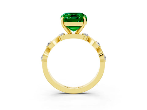 Yellow gold Emerald Cut Emerald Solitaire Twisted Band with Round  Accents and Prong Setting_15