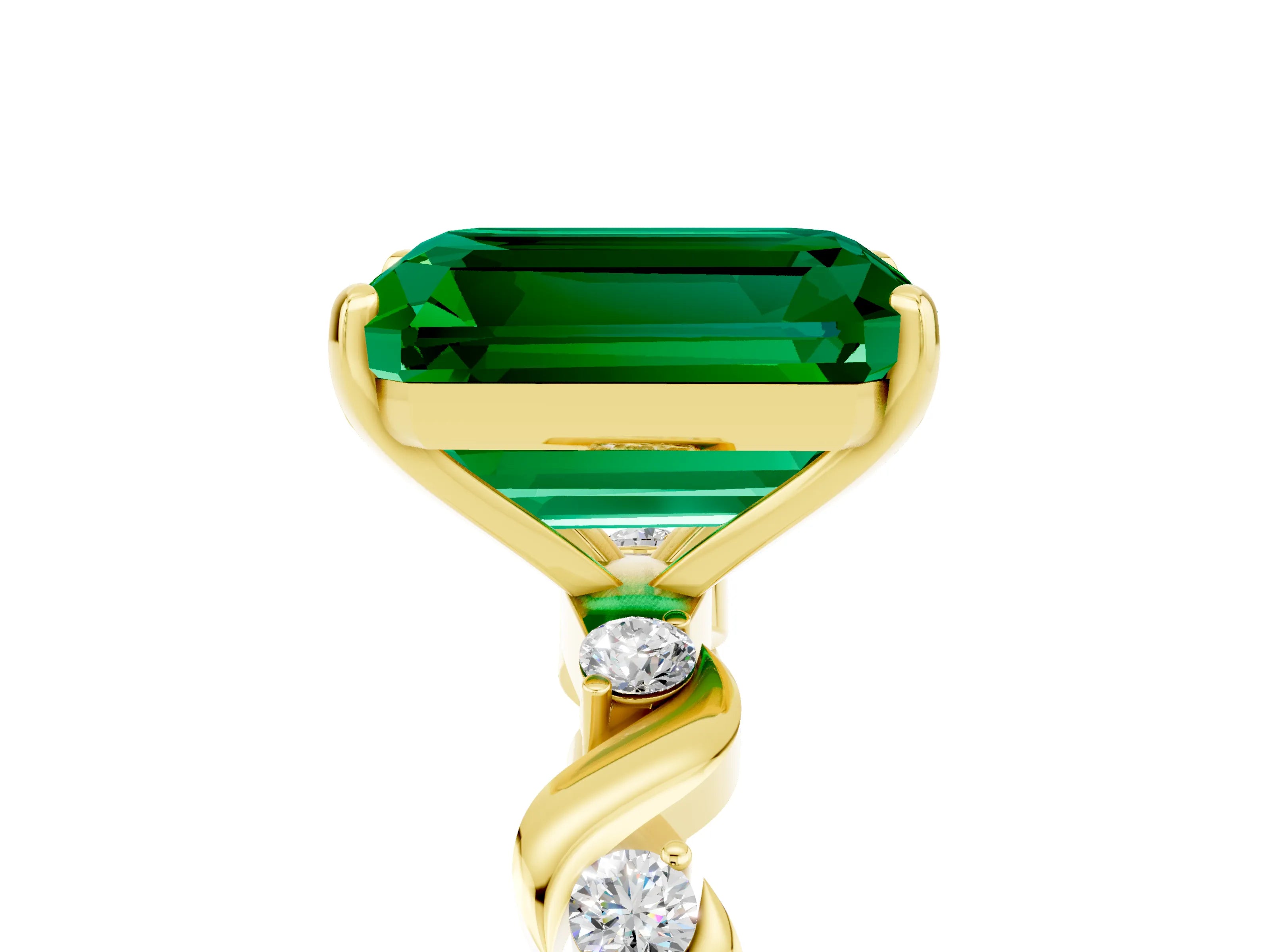 Yellow gold Emerald Cut Emerald Solitaire Twisted Band with Round  Accents and Prong Setting_17
