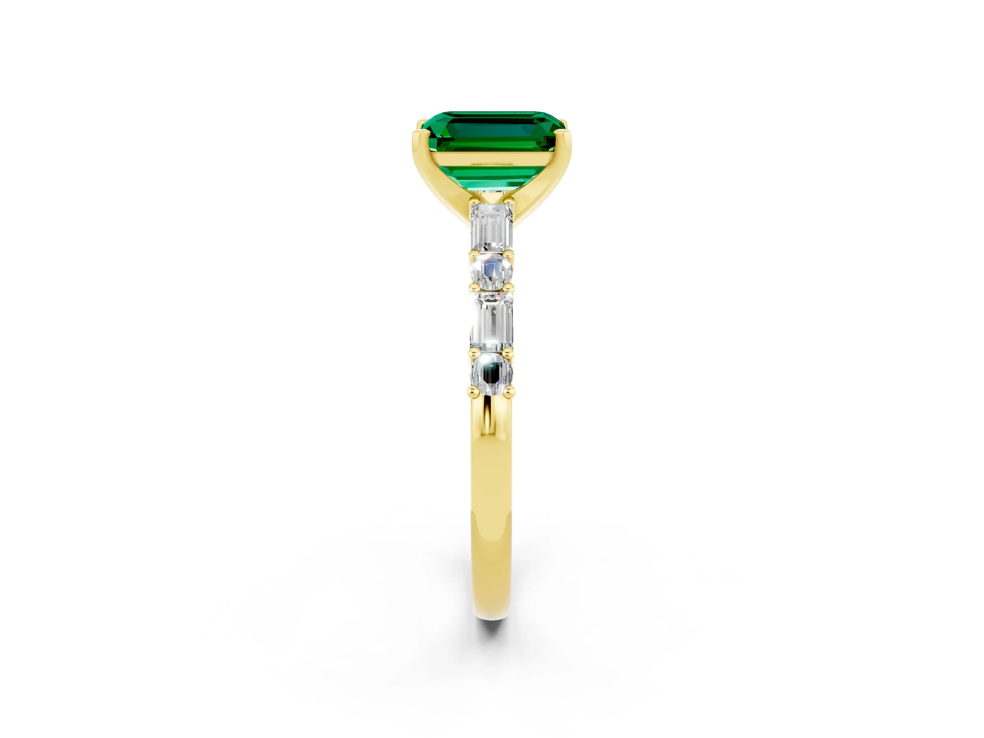 Yellow gold Emerald Cut Emerald Solitaire with Side Baguettes and Channel Set Band_2