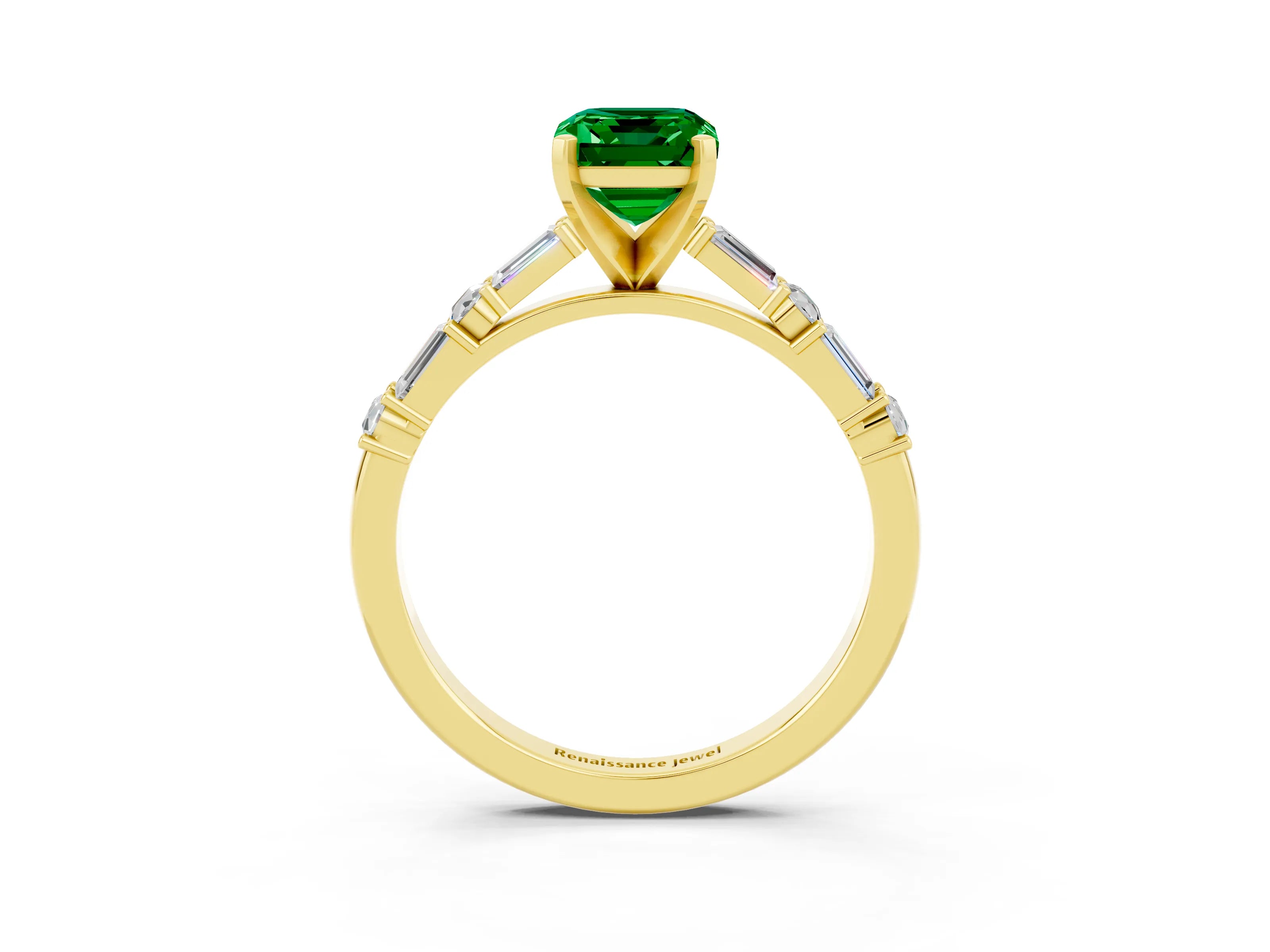 Yellow gold Emerald Cut Emerald Solitaire with Side Baguettes and Channel Set Band_3
