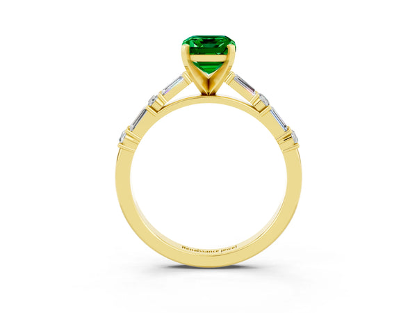 Yellow gold Emerald Cut Emerald Solitaire with Side Baguettes and Channel Set Band